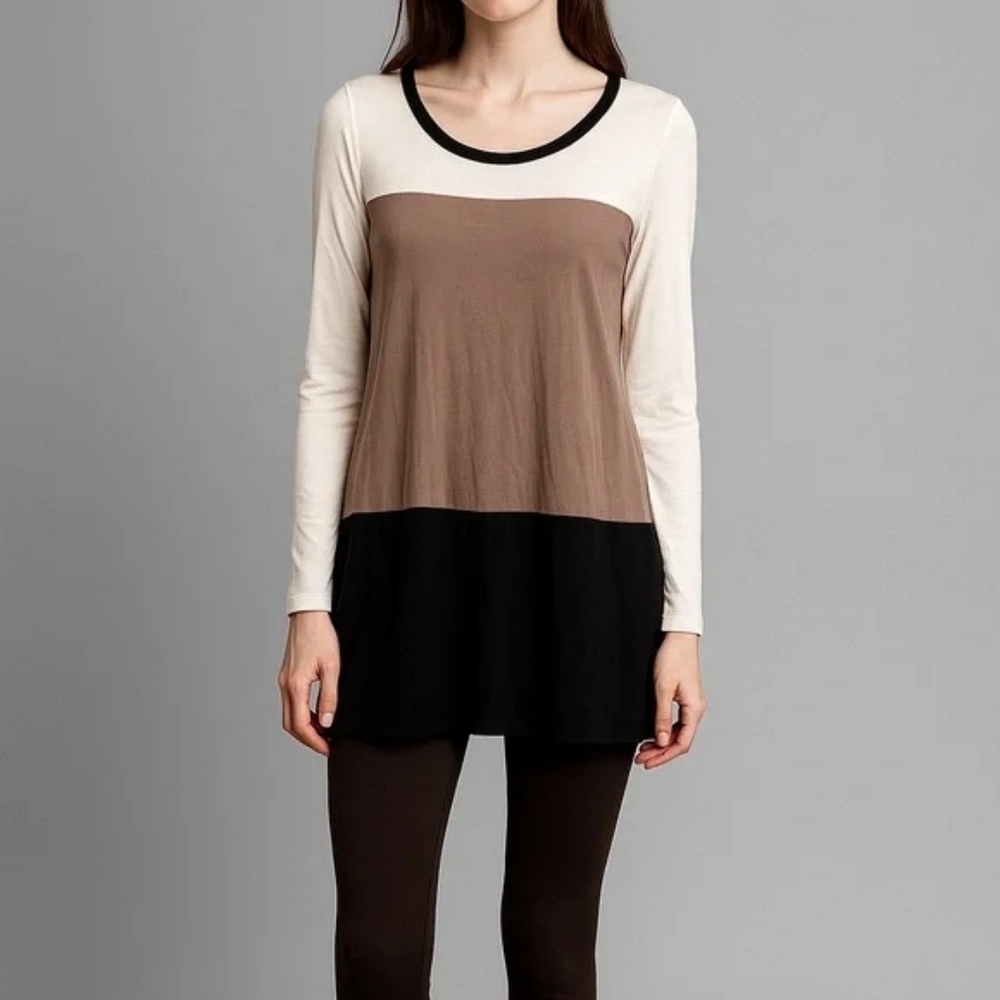 Elegant Colorblock‎ Tunic - Cream, Brown, Black Size Small
